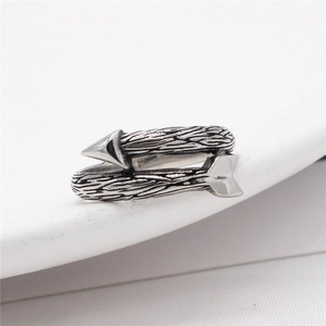 Vintage stainless steel open arrow ring with rustic wood grain texture for men and women
