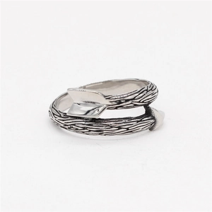 Retro stainless steel cupid arrow wrap ring with antique silver finish and wood grain texture