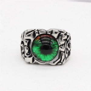 Retro punk devil's eye men's titanium steel ring with vintage green stone