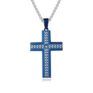 Macro view of blue plated cross pendant with brushed steel texture and center zircon