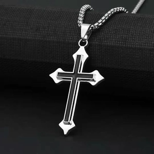 Minimalist Titanium Steel Cross Pendant For Men Black Enamel Inlaid Silver Metal Cross Charm Fashion Jewelry Accessory Gift