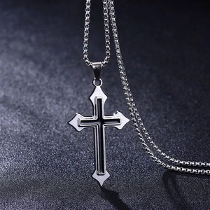 Gothic silver stainless steel cross pendant necklace with black enamel center and box chain