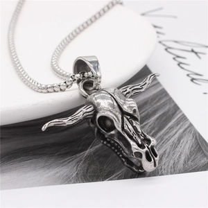 Gothic punk style bull skull pendant necklace in vintage silver finish with chain
