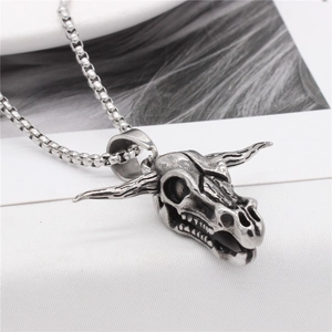 Vintage silver punk bull skull pendant necklace in retro stainless steel with round box chain