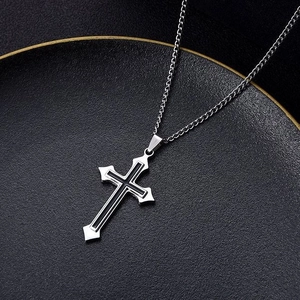 Minimalist stainless steel cross pendant necklace with black enamel center for men