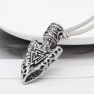 Viking Valknut arrow pendant necklace in vintage silver stainless steel for men