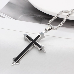 Men's gothic stainless steel cross necklace with black enamel inlay and box chain