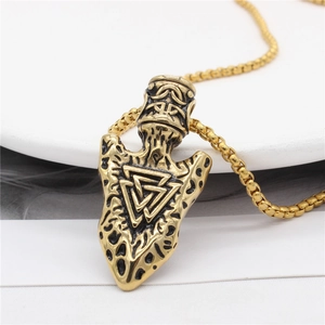 Vintage stainless steel Valknut viking pendant necklace with golden finish box chain