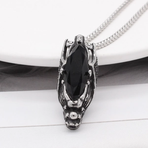 Gothic dragon head pendant necklace with large black marquise gemstone in antique silver