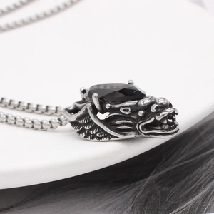 Retro dragon head pendant necklace with black gemstone in vintage stainless steel finish