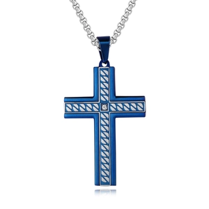 Vintage Titanium Steel Cross Pendant For Men Black Blue Gold Plated Rhinestone Inlaid Braided Texture Religious Jewelry Pendant Only