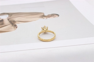 Detail der klassischen Sechs-Krallen-Fassung eines Solitär-Rings mit Goldband und Zirkonia