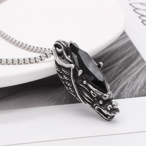 Retro dragon head pendant necklace with marquise black stone and silver bead chain