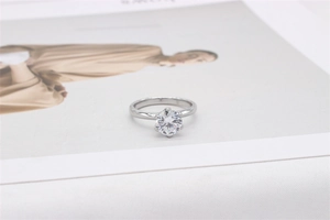 Detailansicht einer klassischen Sechskrallen-Fassung mit brillantem runden Solitär-Diamant