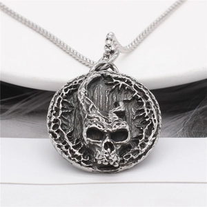 Vintage gothic skull pendant necklace in silver stainless steel for men with box chain