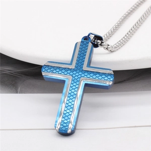 Minimalist blue and silver cross pendant necklace with textured grid for men