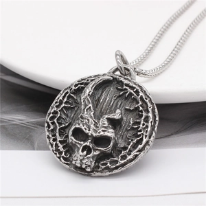 Vintage silver stainless steel skull pendant necklace for men with gothic relief detail
