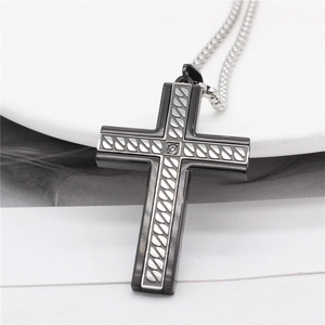 Mens black stainless steel cross necklace with woven texture and small diamond inlay