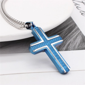 Blue stainless steel cross pendant necklace with textured diamond pattern for men