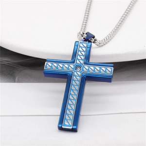Men's blue titanium steel cross pendant necklace with sparkling crystal and silver bead chain