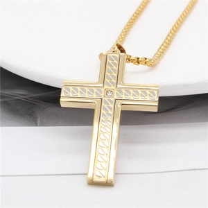 Men's titanium steel cross necklace with silver diagonal pattern and zircon inlay