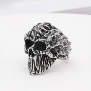 Vintage gothic skull mummy ring in antique silver titanium steel for men with punk details