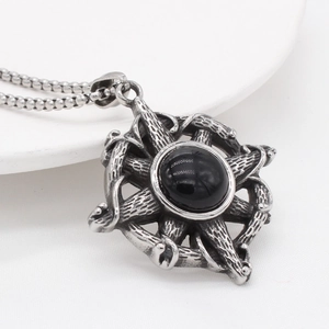 Gothic cross pendant necklace with black gemstone and textured vintage steel finish