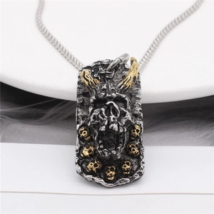Retro horned skull devil pendant in antique silver and gold steel finish for men