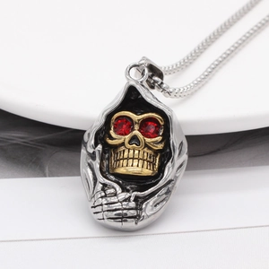 Pendentif Crâne en Acier Titane Gothique pour Hommes Faucheuse Vintage Bicolore Or Argent Squelette Pendentif Seul Sans Chaîne Strass Œil Bijoux Punk