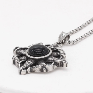 Vintage gothic cross star pendant with black gemstone and box chain in steel