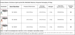 Detailed size chart for Christmas glowing plush dolls showing height 29cm and dimensions