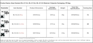 Detailed size chart for green sequined Christmas tree bow pendants in various dimensions