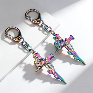 Gothic Rainbow Plated Rose Flower Cross Metal Keychain Colorful Punk Bag Charm Pendant Accessory Gift For Men Women