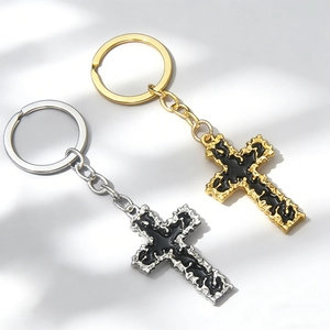 Vintage Gothic Alloy Cross Keychain With Black Drip Oil Design For Backpack Bag Pendant Jewelry Minimalist Gold Silver Keyring Gift