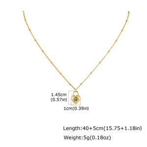 Detailed size specifications for gold heart lock necklace with round blue turquoise gemstone