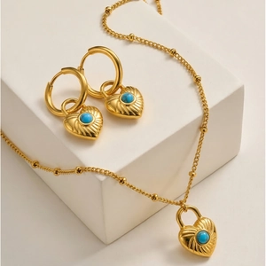 French Vintage Stainless Steel Heart Lock Necklace And Earrings Set Turquoise Stone Gold Plated Jewelry For Women Daily Party