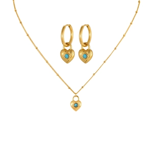 Vintage gold necklace and hoop earrings set featuring heart turquoise lock pendants