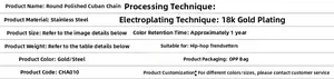 Detailed specifications table for stainless steel 18k gold plated Cuban link bracelet