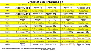 Size chart for stainless steel Cuban link bracelets with width and length specifications