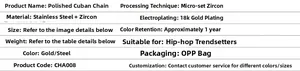Specifications of 12mm 18k gold plated Cuban link chain made of stainless steel and zircon