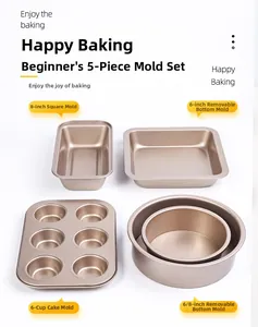 5-piece champagne gold non-stick carbon steel baking set with muffin pan and cake molds
