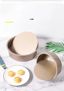 Detail of champagne gold non-stick cake pans with removable bottom for easy release
