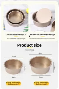 Size chart for 6 and 8 inch carbon steel cake molds with removable bottom design