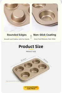 Detail of 6-cup muffin pan showing non-stick coating and size dimensions in gold