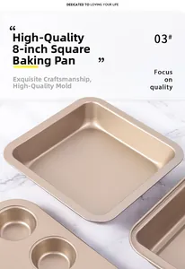 Detailed close-up of champagne gold 8-inch square non-stick carbon steel baking pan