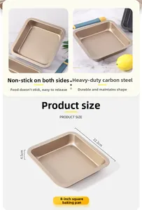 Detail view of 8-inch golden square baking pan with non-stick coating and dimensions