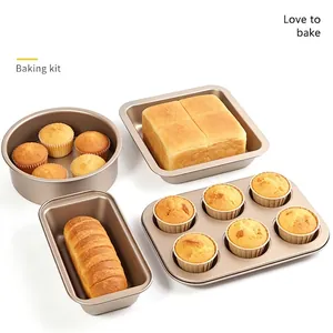 Champagne gold non-stick carbon steel baking set with muffin pan, cake mold and toast pans
