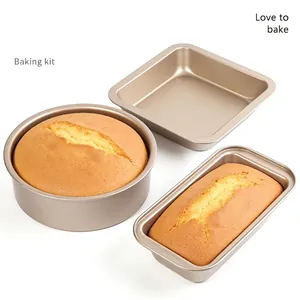 Champagne gold non-stick carbon steel baking set with cake pan, square tray, and loaf mold