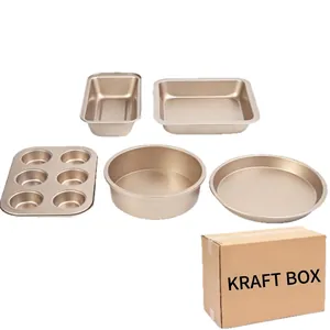 5-piece champagne gold non-stick carbon steel baking set with kraft box packaging