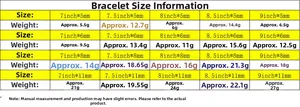 Detailed size chart for 8mm stainless steel link bracelet with length and weight data